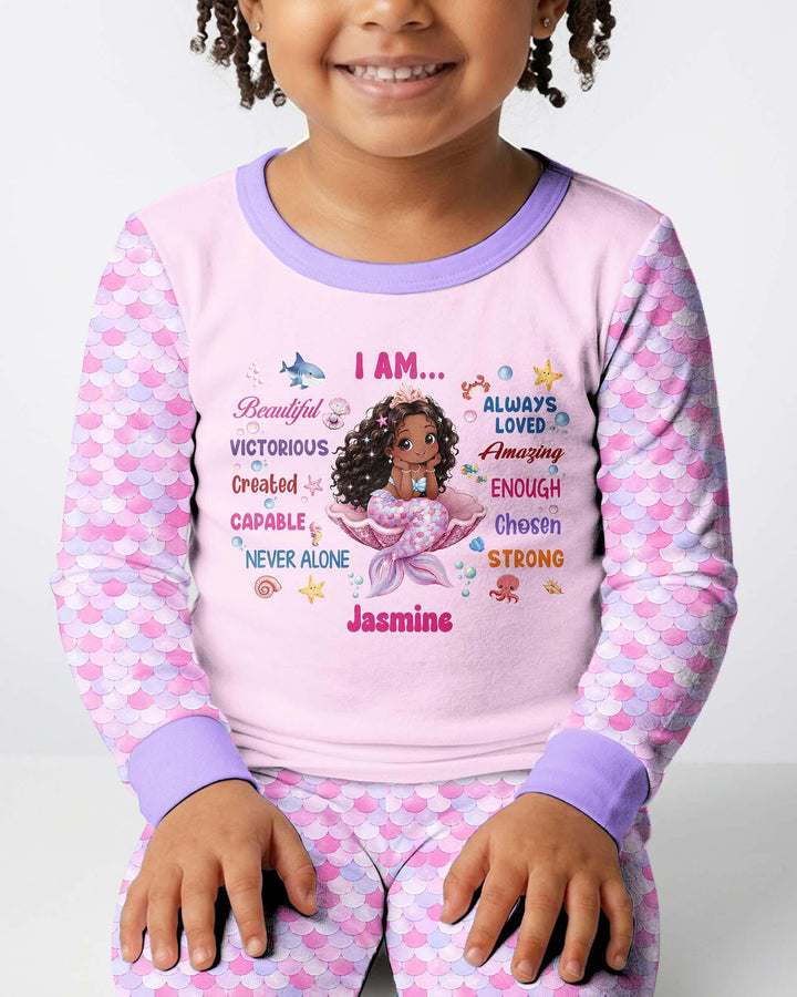 Custom Name Black Mermaid I Am Beautiful Bamboo Two Piece Long Sleeve Pajama Set