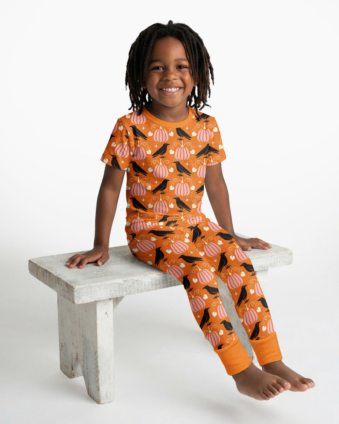 Ravens in a Pumpkin Patch - Orange Pink Bamboo Two Piece Short Sleeve Pajama Set