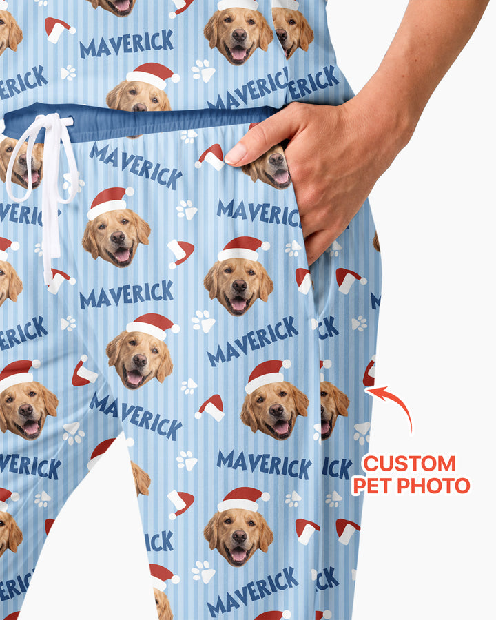 Custom Pet Photo Christmas Paws Stripe Bamboo Women Pajama Set