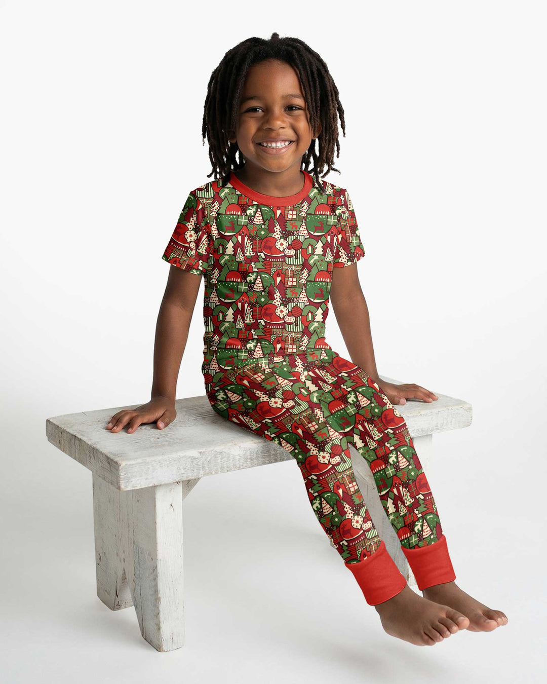 Christmas Time Mosaic Bamboo Two Piece Short Sleeve Pajama Set
