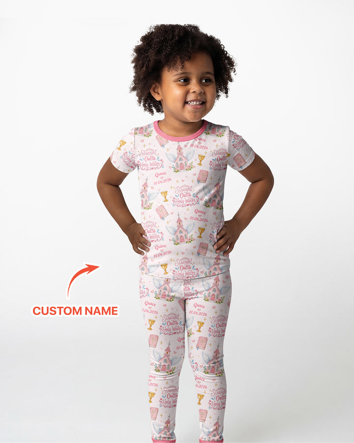 Custom Name Baptism Christening Straight Outta Holy Water Bamboo Two Piece Short Sleeve Pajama Set