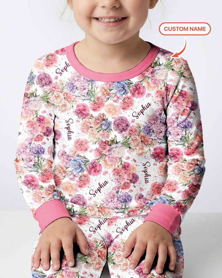 Custom Name Birth Month Flowers Bamboo Two Piece Long Sleeve Pajama Set