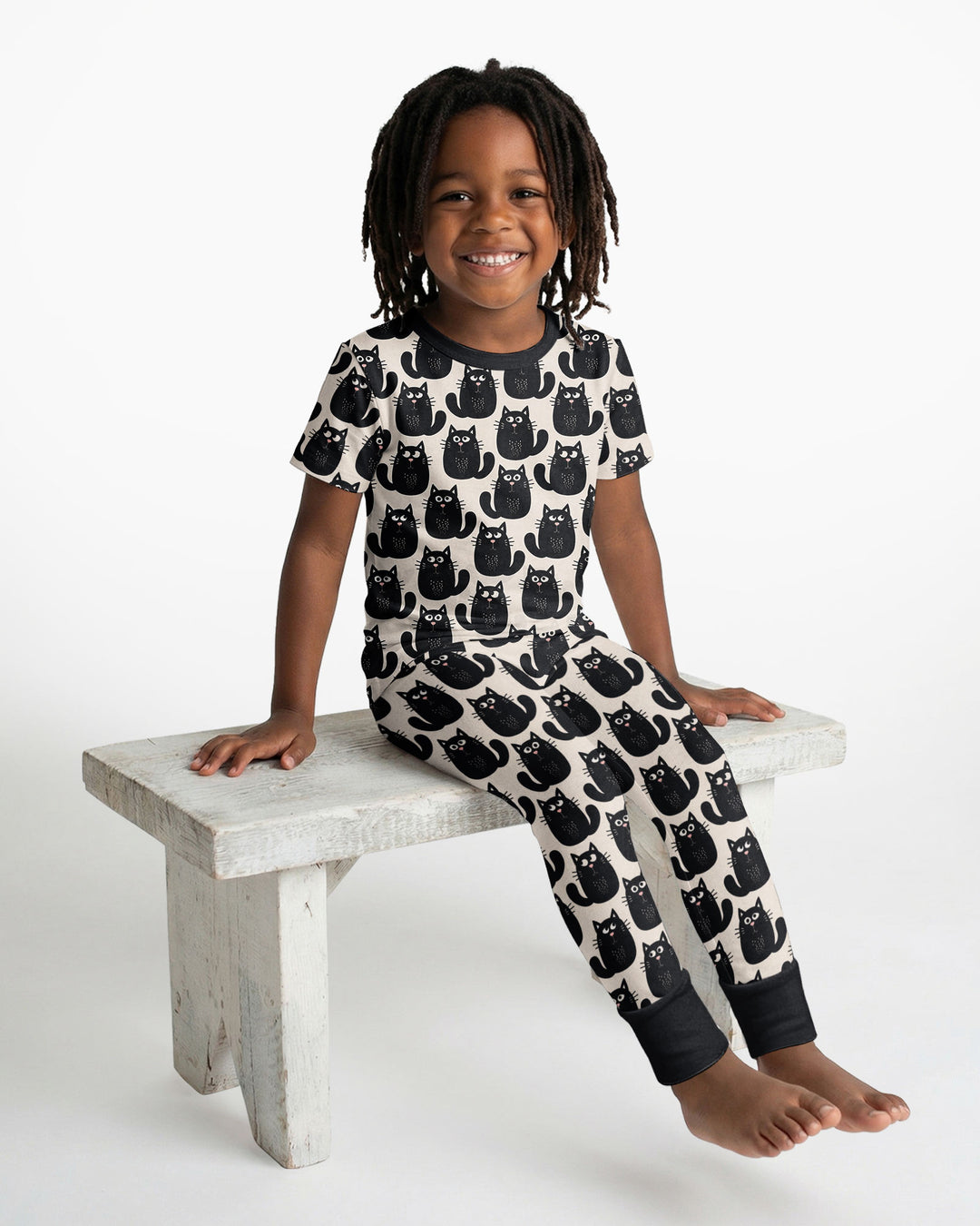 Moody Black Cats in Black and White Bamboo Two Piece Short Sleeve Pajama Set