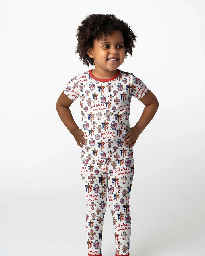 God Bless America Family Matching Bamboo Two Piece Short Sleeve Pajama Set