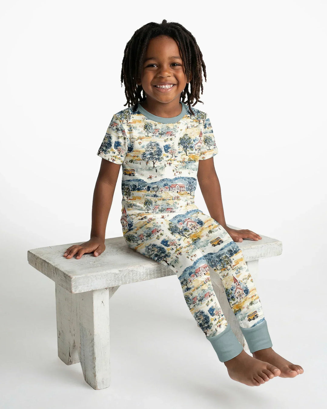 Whimsical Watercolor School Village Bamboo Two Piece Short Sleeve Pajama Set