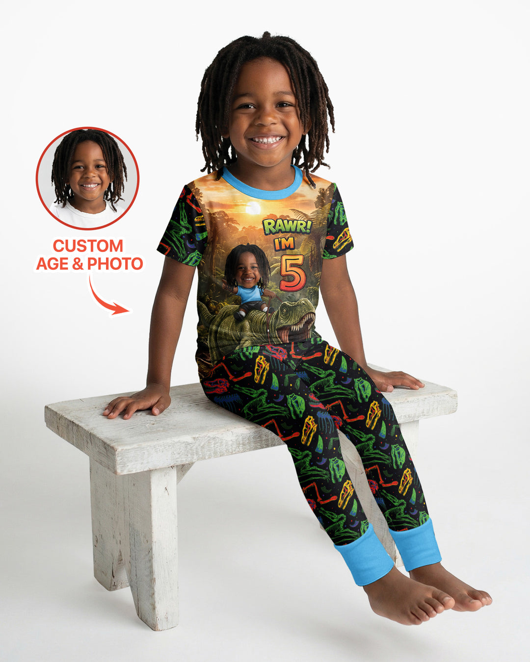 Custom Photo Dino Rawr Birthday Bamboo Two Piece Short Sleeve Pajama Set