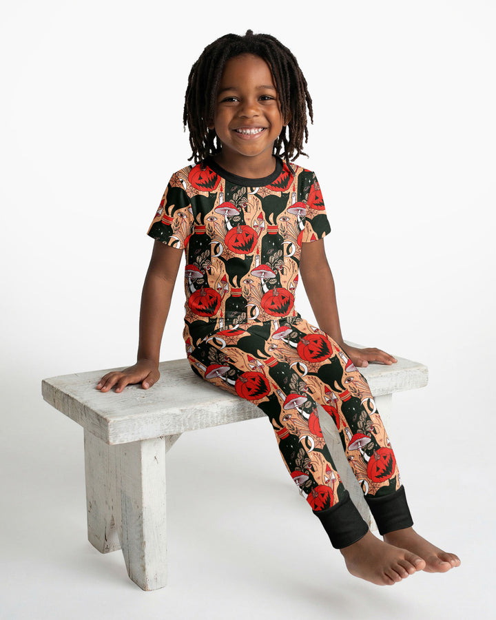 Black Cat And Pumpkin Halloween Bamboo Two Piece Short Sleeve Pajama Set