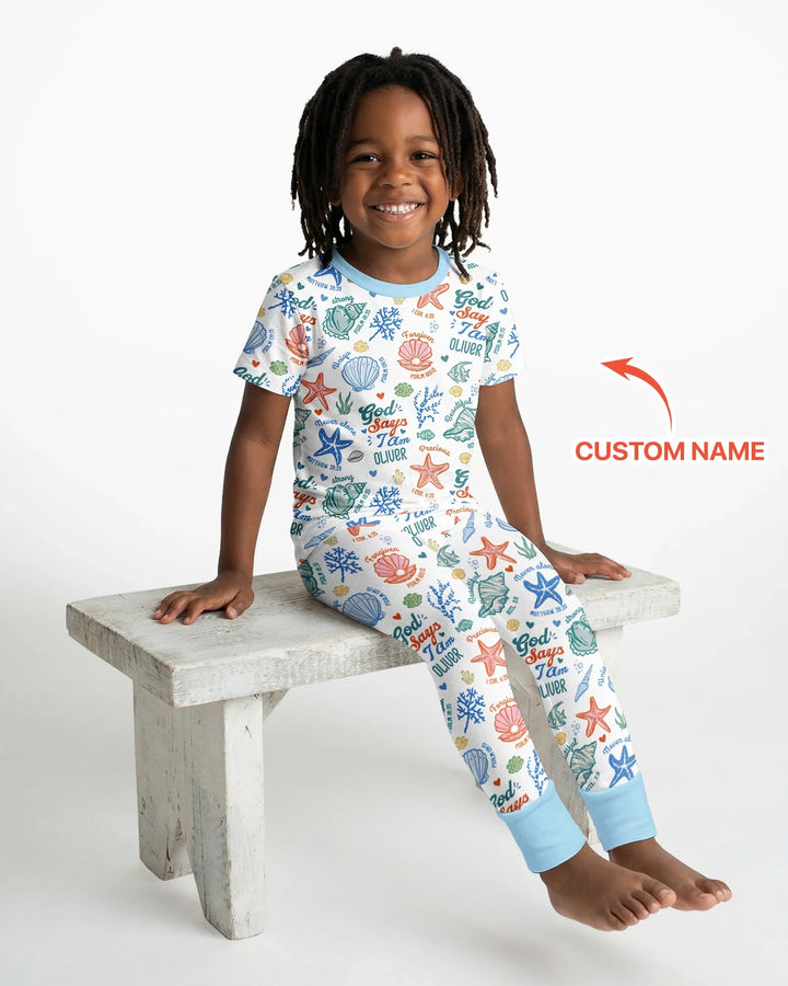 Coastal God Says I Am Custom Name Bamboo Two Piece Short Sleeve Pajama Set