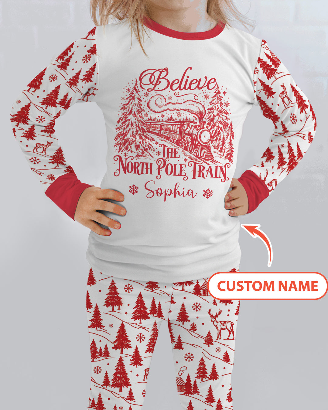 Custom Name North Pole Train Bamboo Two Piece Long Sleeve Pajama Set