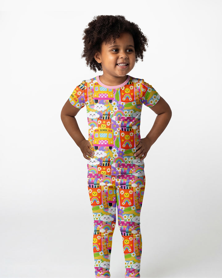 Retro Happy Classroom Bamboo Two Piece Short Sleeve Pajama Set