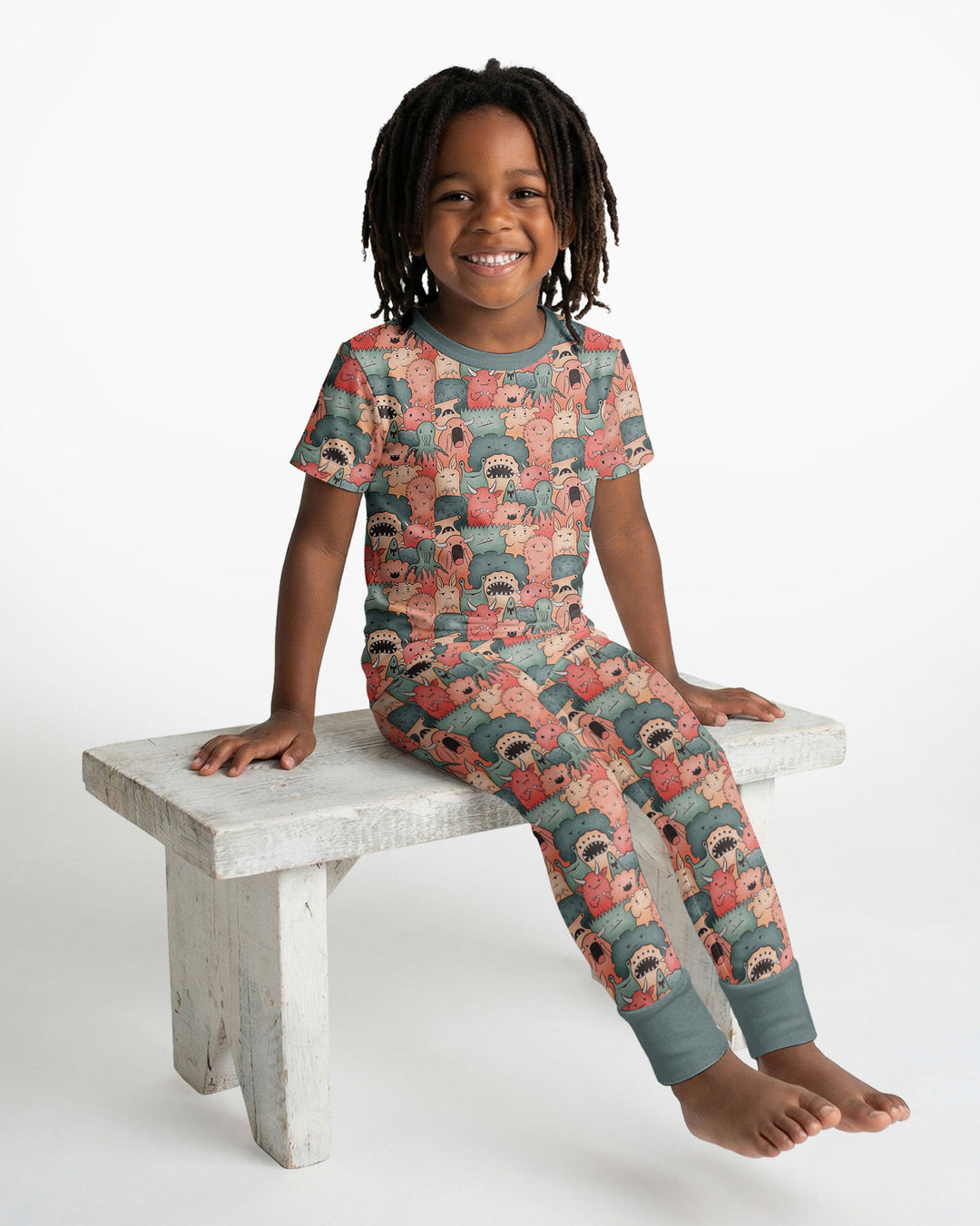 Cute Monster Crowd Bamboo Two Piece Short Sleeve Pajama Set