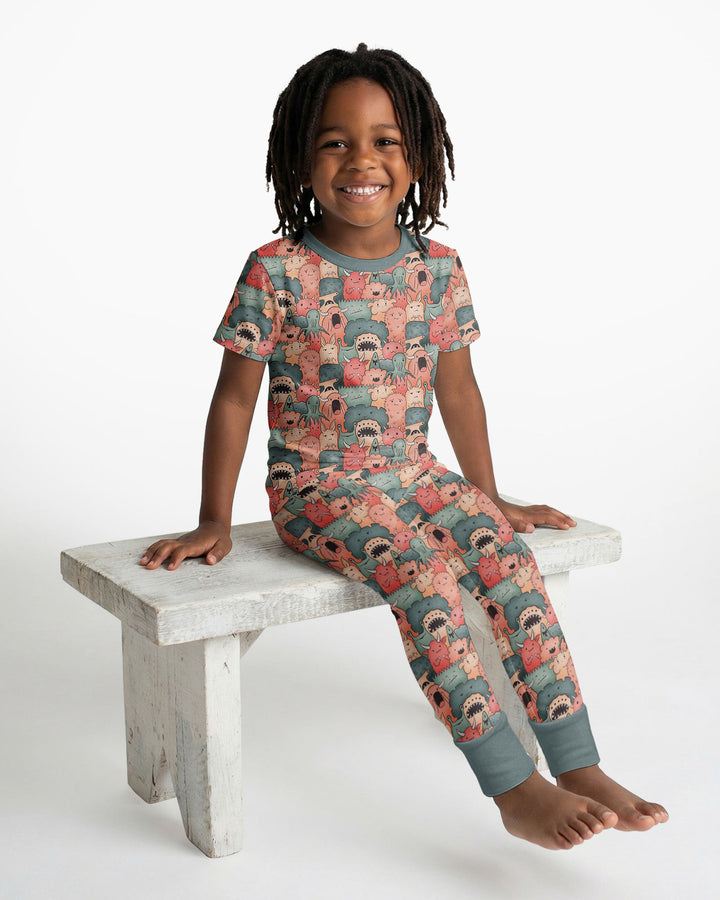 Cute Monster Crowd Bamboo Two Piece Short Sleeve Pajama Set