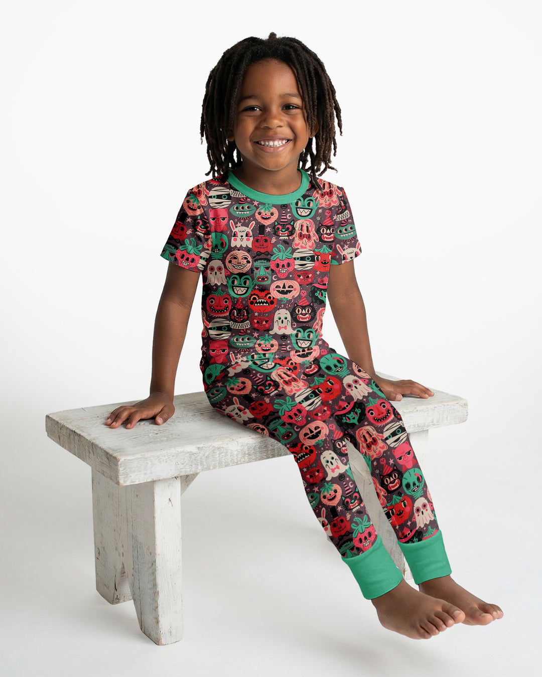 Retro Halloween Monsters Ghost Pumpkin Mummy Bamboo Two Piece Short Sleeve Pajama Set