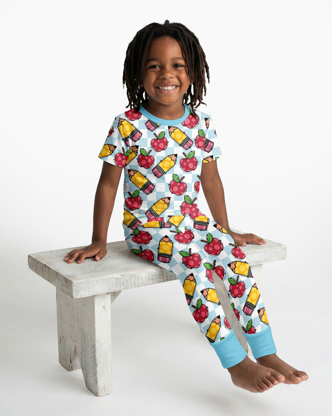 Checkered Apple Scribbles Bamboo Two Piece Short Sleeve Pajama Set