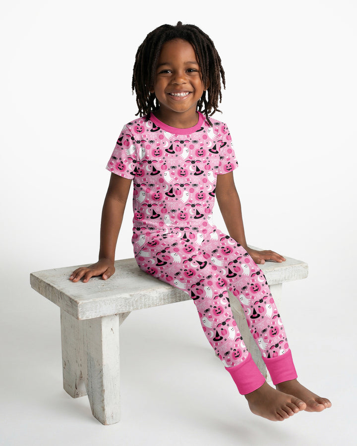 Cute Pink Halloween Ghost Pumpkin Witch Bamboo Two Piece Short Sleeve Pajama Set
