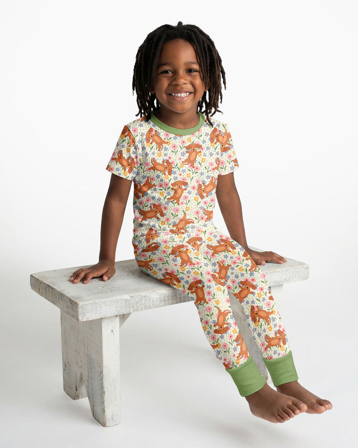 Dachshund Blooms Family Matching Bamboo Two Piece Short Sleeve Pajama Set