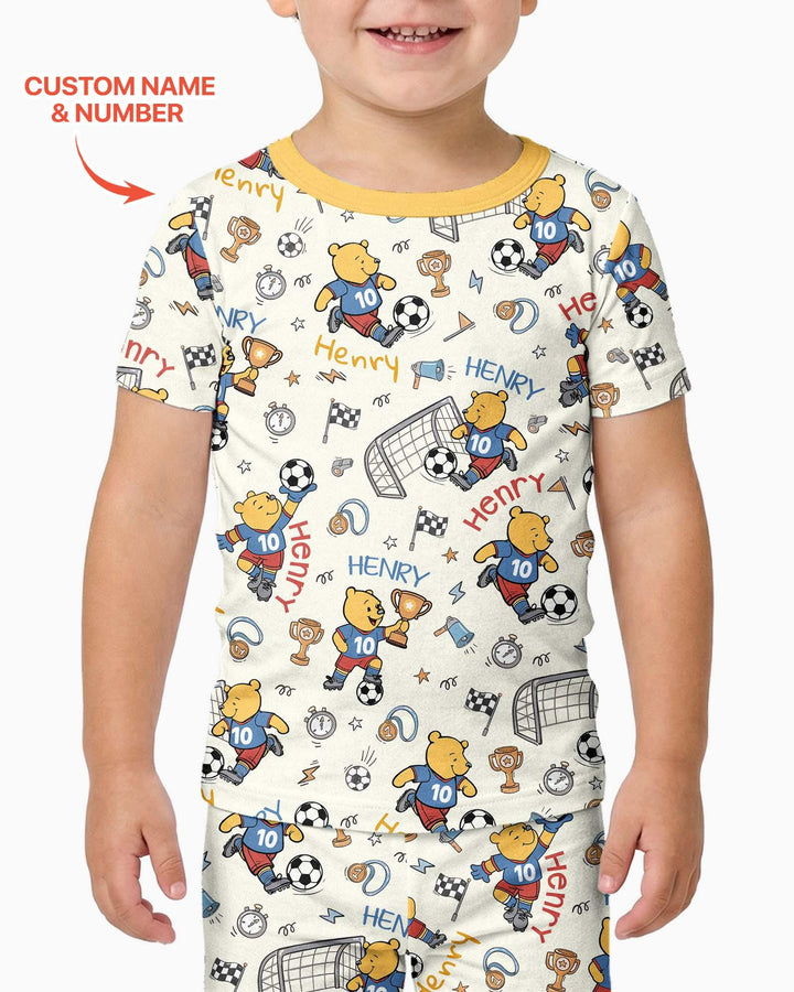 Personalized Classic Bear World Soccer Bamboo Two Piece Short Sleeve Pajama Set