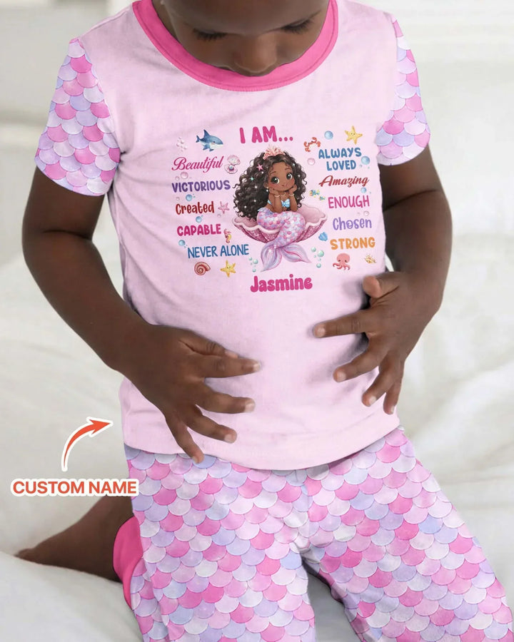 Custom Name Black Mermaid I Am Beautiful Bamboo Two Piece Short Sleeve Pajama Set