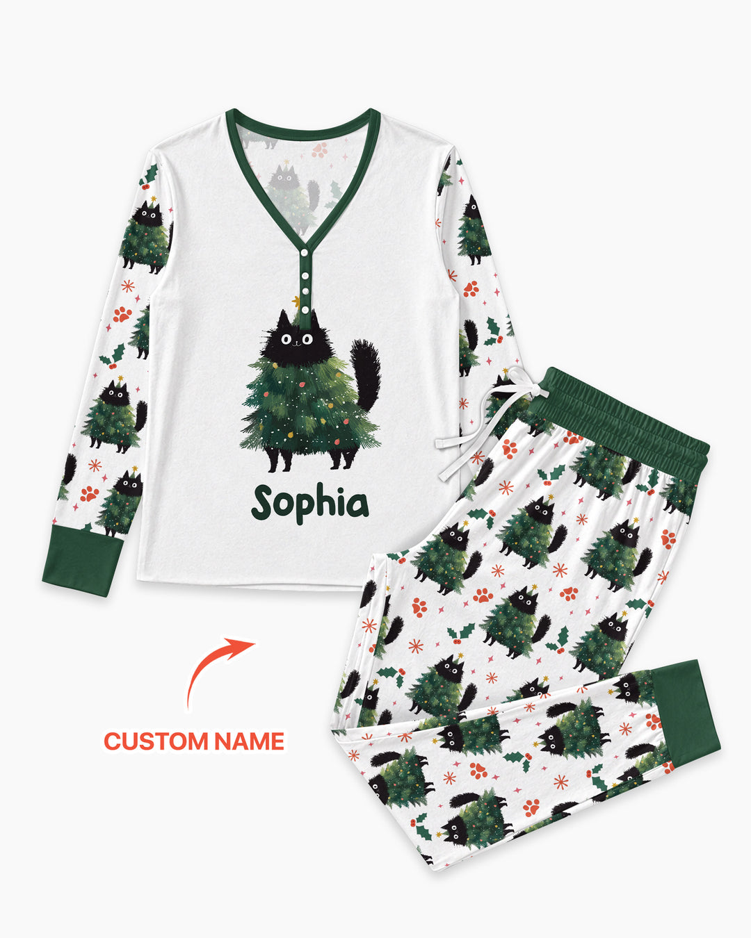 Custom Name Black Cat Christmas Bamboo Women Pajama Set