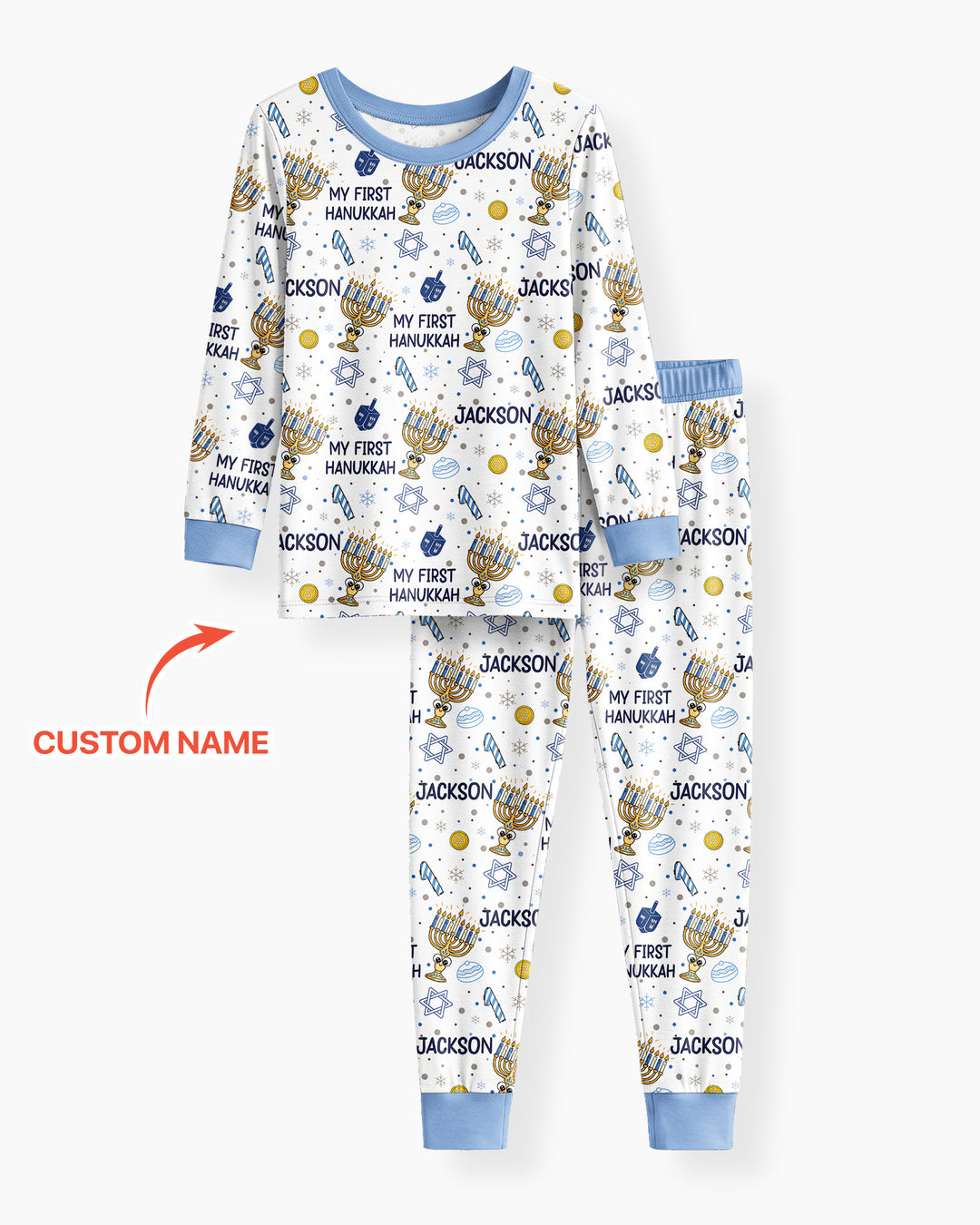 Custom Name Doodle Dreidel First Hanukkah Bamboo Two Piece Long Sleeve Pajama Set