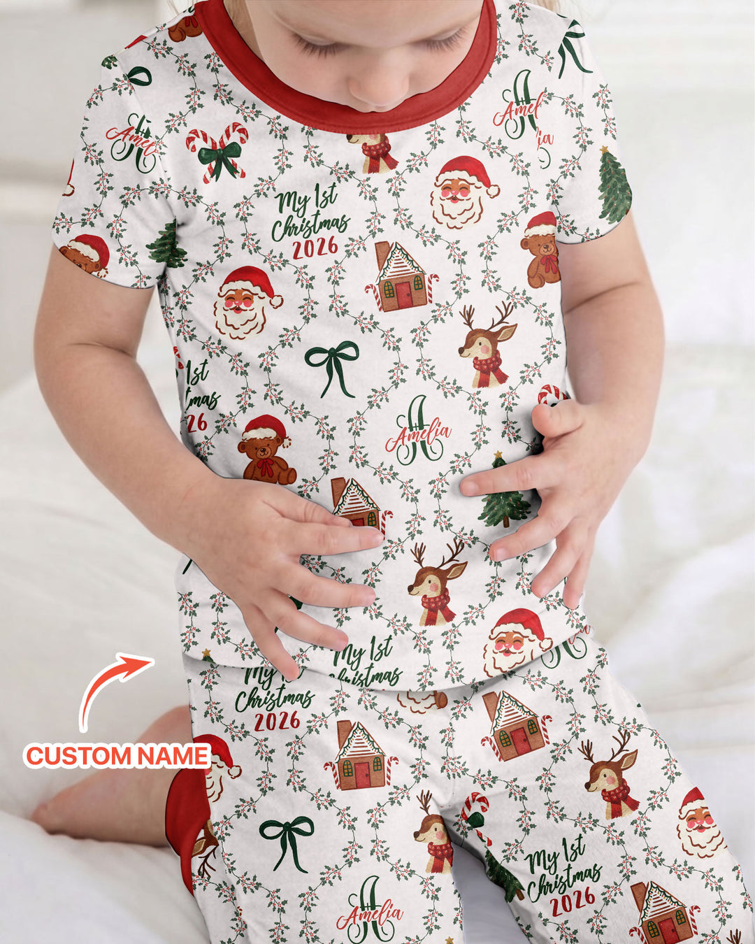 Custom name "Fancy Monogram Red Christmas 2026" Bamboo Two Piece Short Sleeve Pajama Set