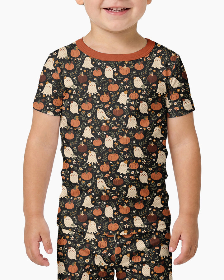 Ghost Pumpkin Harvest Floral Halloween Bamboo Two Piece Short Sleeve Pajama Set