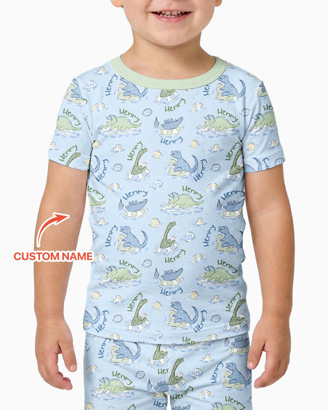 Dinos Swimming Custom Name Bamboo Two Piece Short Sleeve Pajama Set