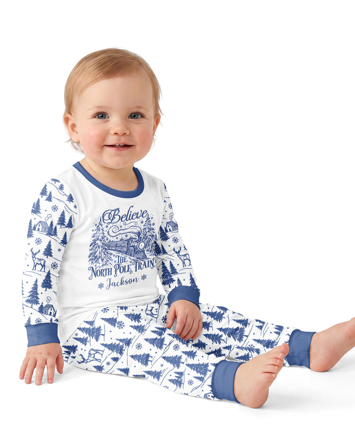 Custom Name North Pole Train Bamboo Two Piece Long Sleeve Pajama Set