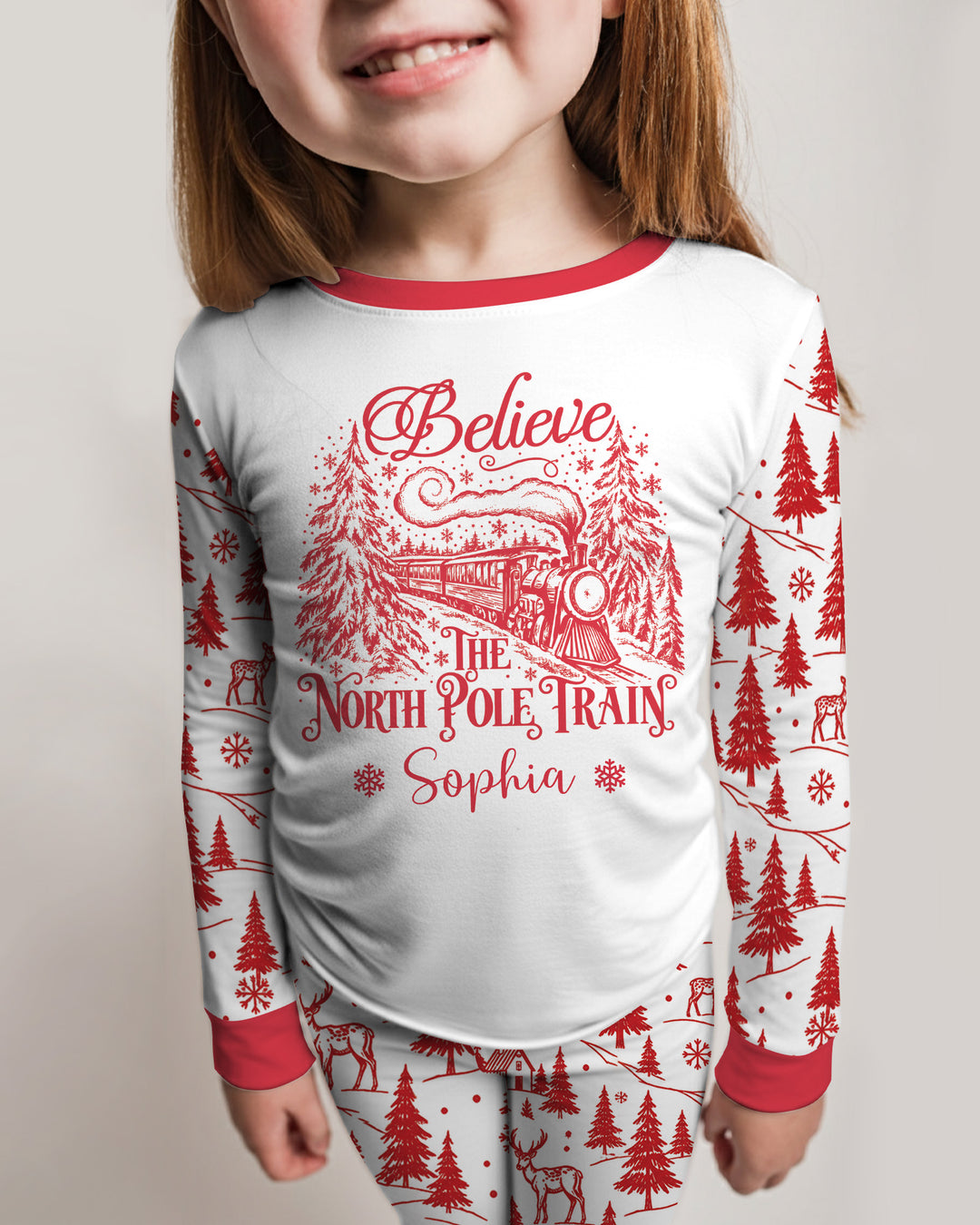 Custom Name North Pole Train Bamboo Two Piece Long Sleeve Pajama Set