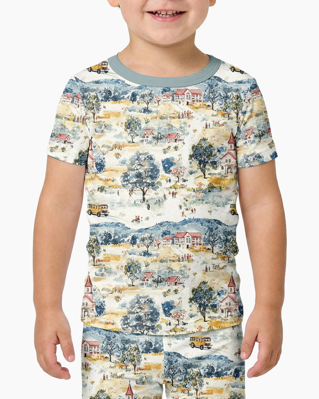 Whimsical Watercolor School Village Bamboo Two Piece Short Sleeve Pajama Set