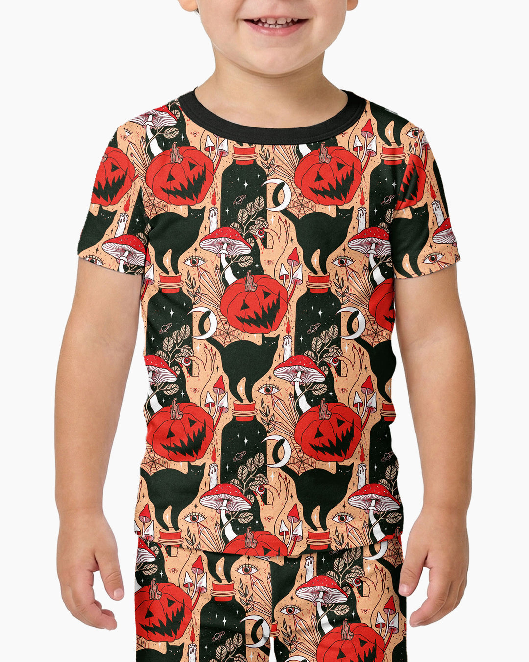 Black Cat And Pumpkin Halloween Bamboo Two Piece Short Sleeve Pajama Set