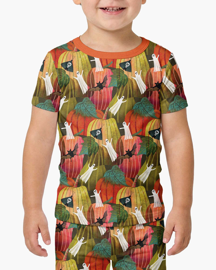 Big Pumpkin Field With Ghosts Bamboo Two Piece Short Sleeve Pajama Set