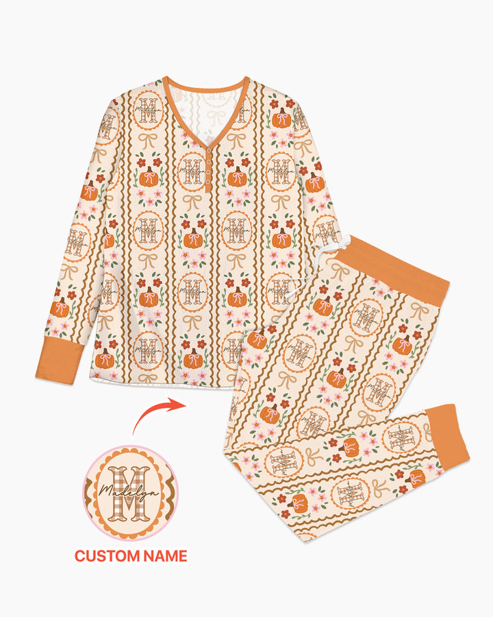 Custom Name Pumpkin Cottage Bamboo Women Pajama Set