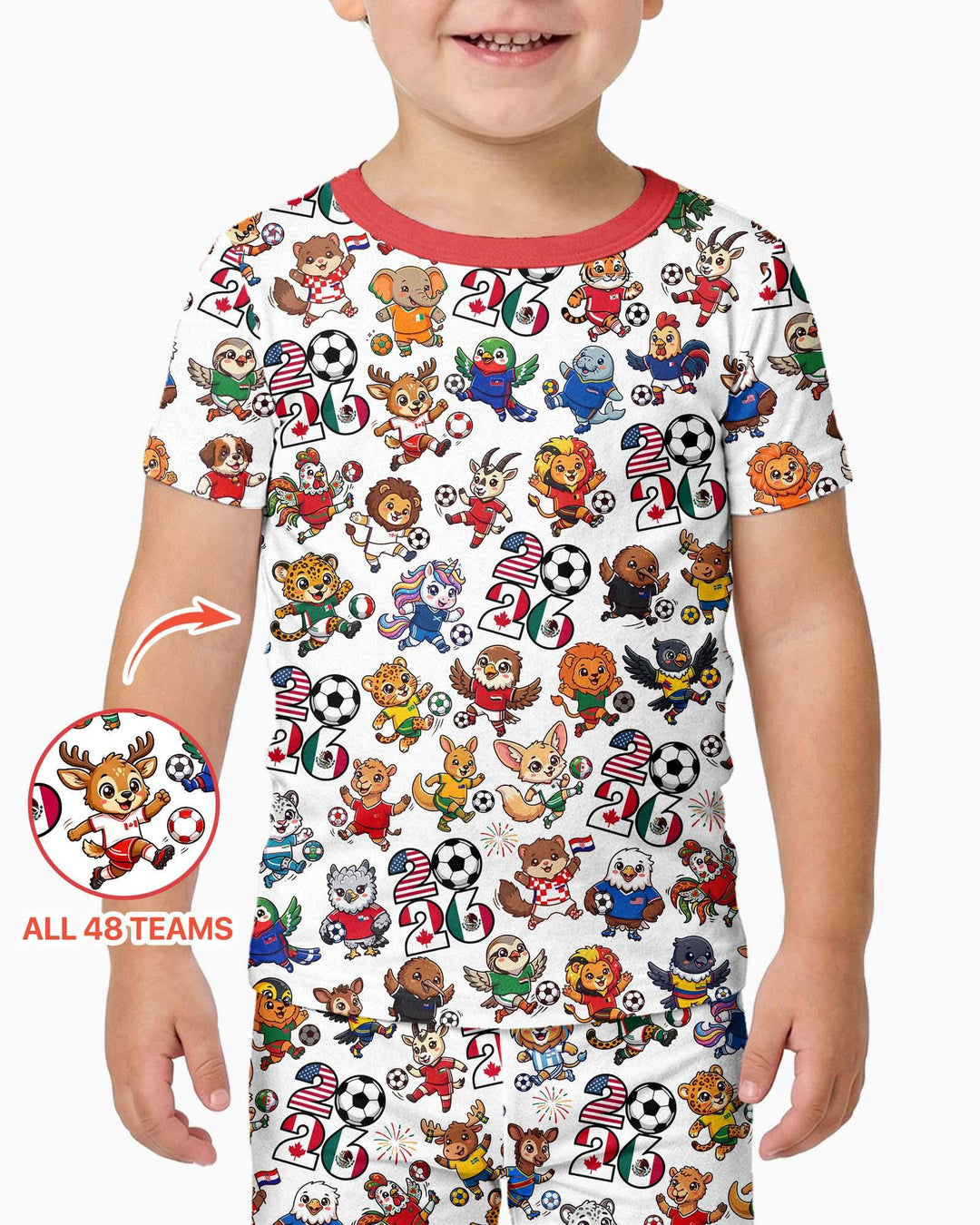 Kawaii Animals Soccer Tour 2026 Family Matching Bamboo Two Piece Short Sleeve Pajama Set
