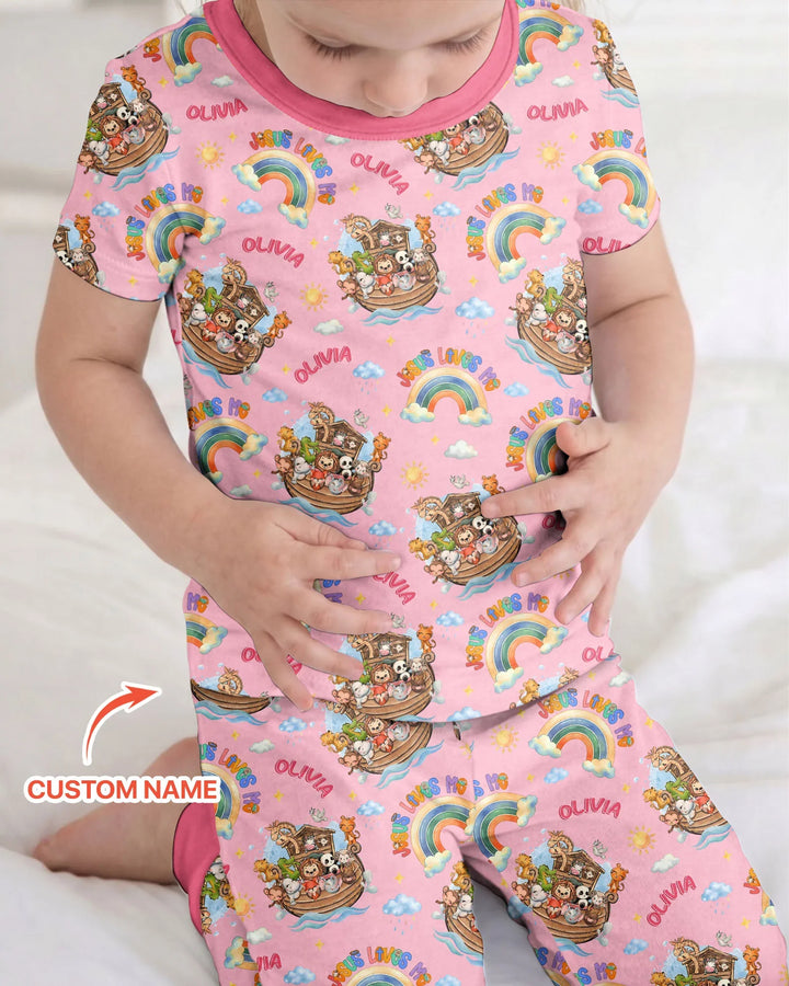 Custom Name Jesus Loves Me Noah's Ark Bamboo Two Piece Short Sleeve Pajama Set