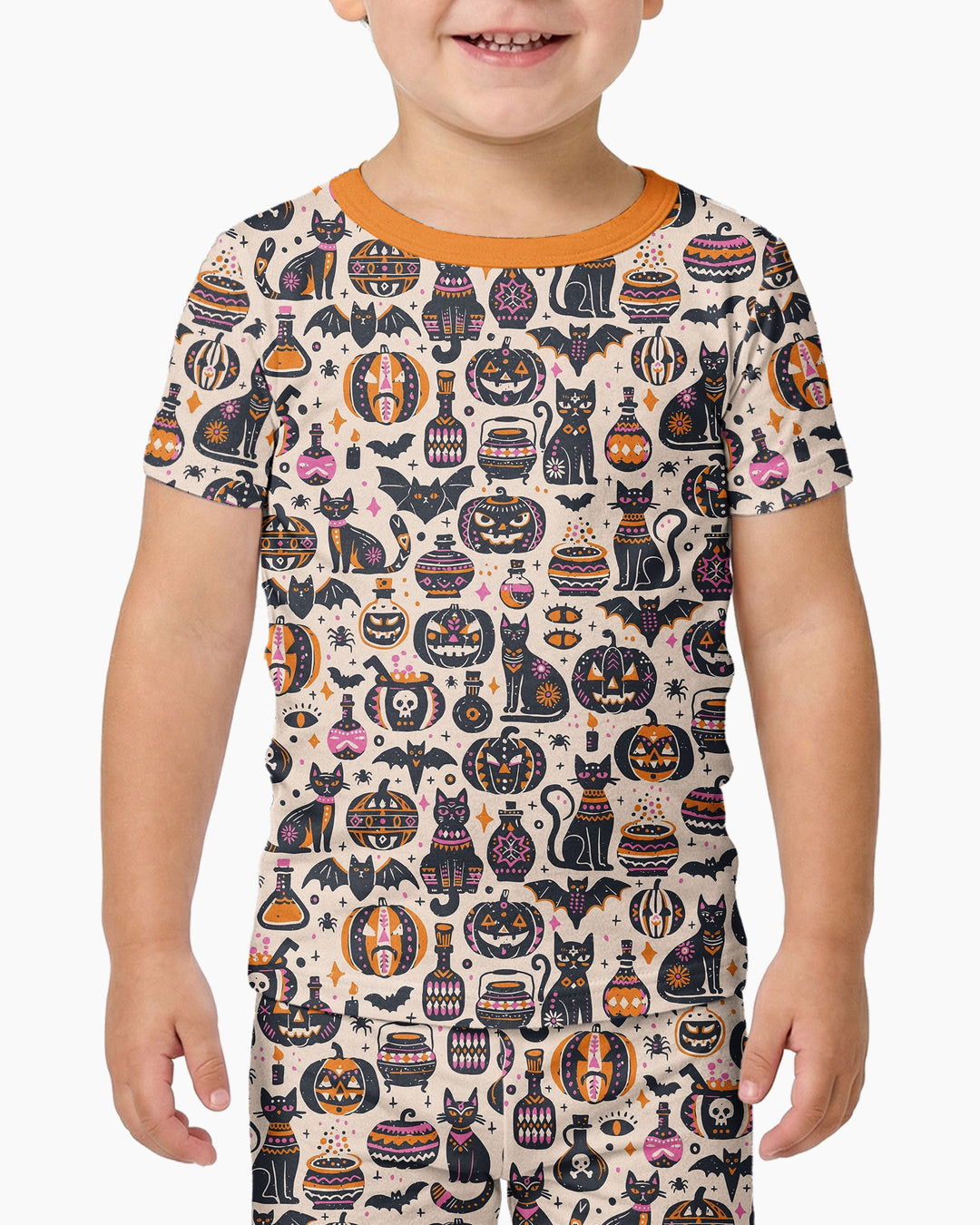 Whimsical Tribal Retro Halloween Black Cats Pumpkins Bamboo Two Piece Short Sleeve Pajama Set