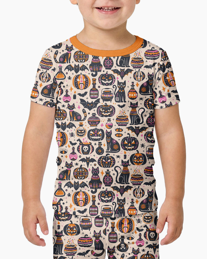 Whimsical Tribal Retro Halloween Black Cats Pumpkins Bamboo Two Piece Short Sleeve Pajama Set