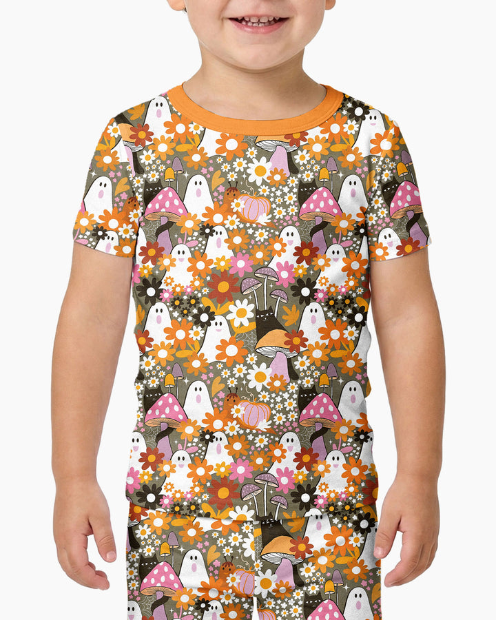 Retro Ghost Mushroom Floral Halloween Bamboo Two Piece Short Sleeve Pajama Set