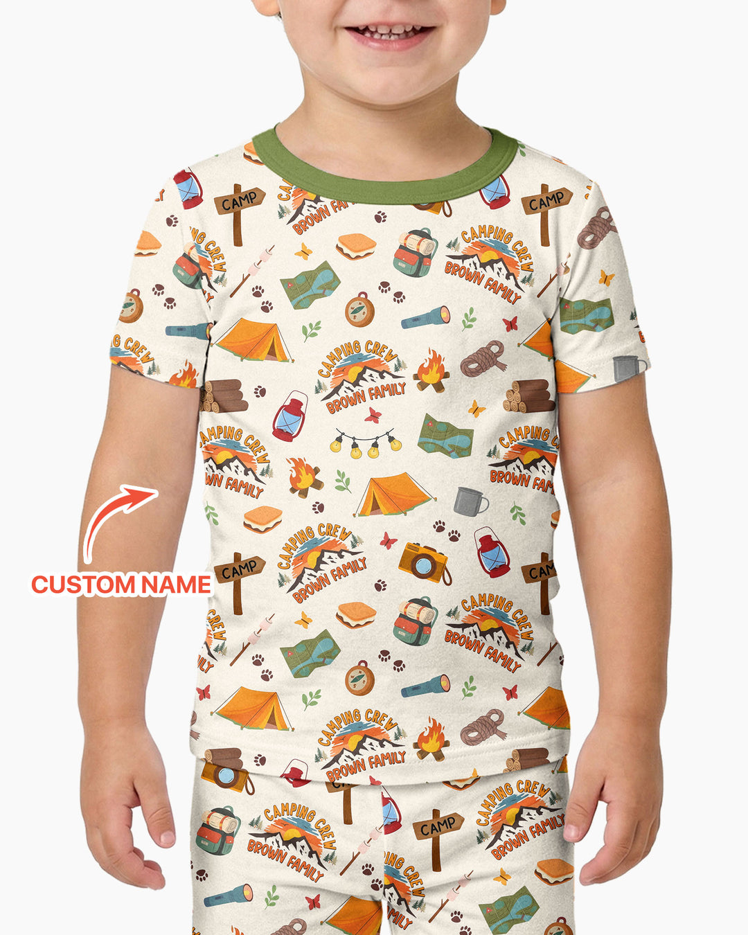Custom Name Camping Crew Family Matching Bamboo Two Piece Short Sleeve Pajama Set