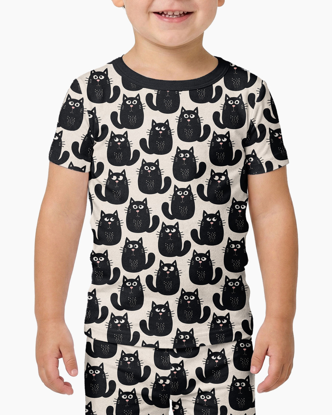 Moody Black Cats in Black and White Bamboo Two Piece Short Sleeve Pajama Set