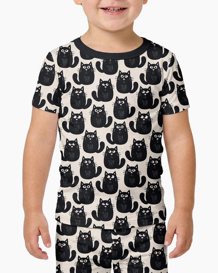 Moody Black Cats in Black and White Bamboo Two Piece Short Sleeve Pajama Set