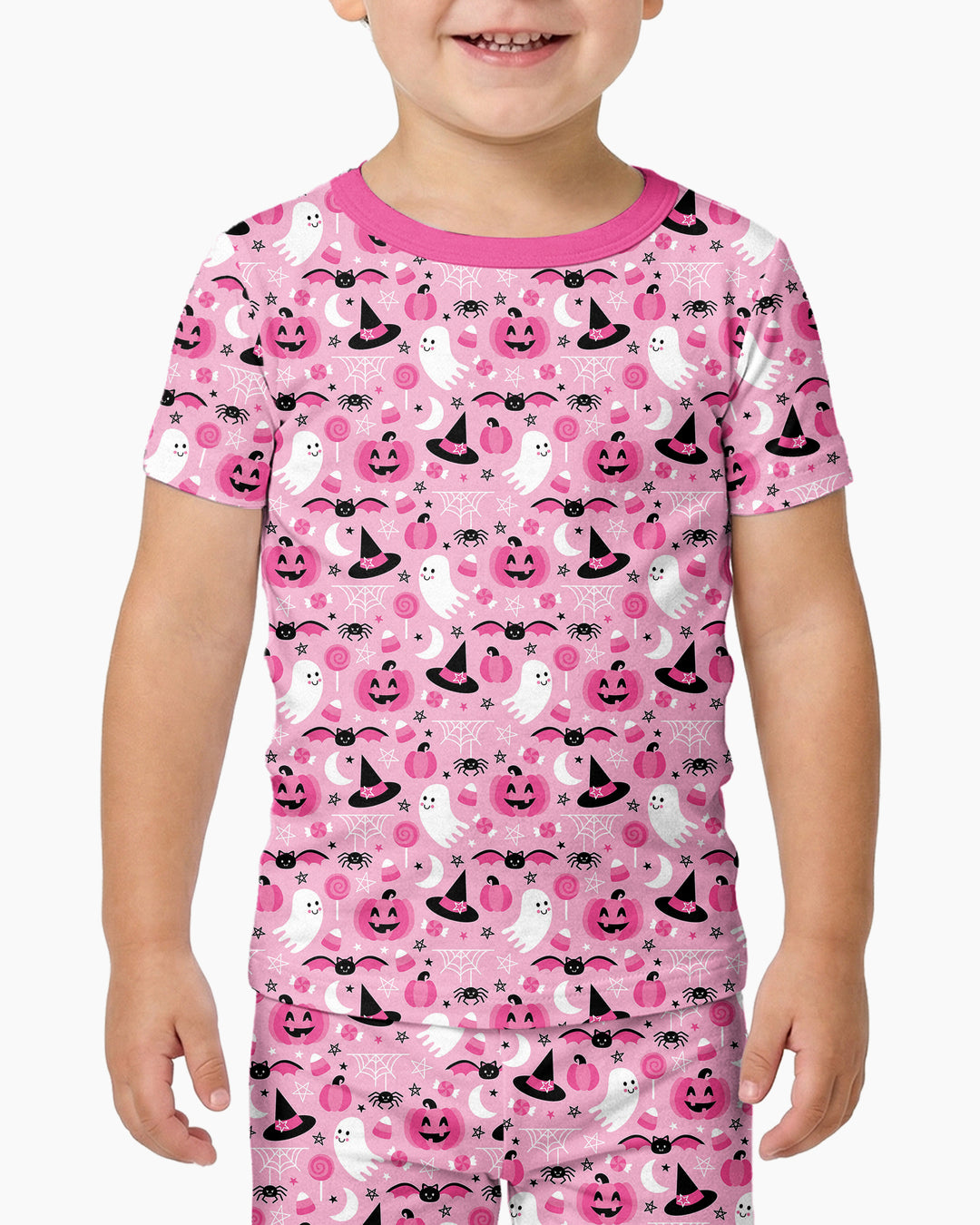 Cute Pink Halloween Ghost Pumpkin Witch Bamboo Two Piece Short Sleeve Pajama Set