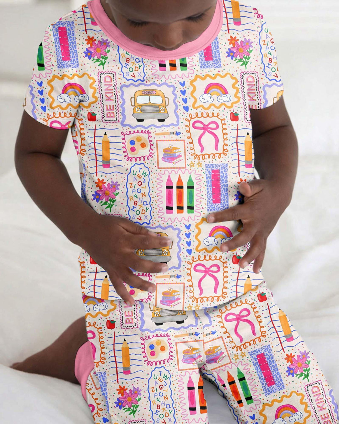 Colorful Doodle School Bamboo Two Piece Short Sleeve Pajama Set