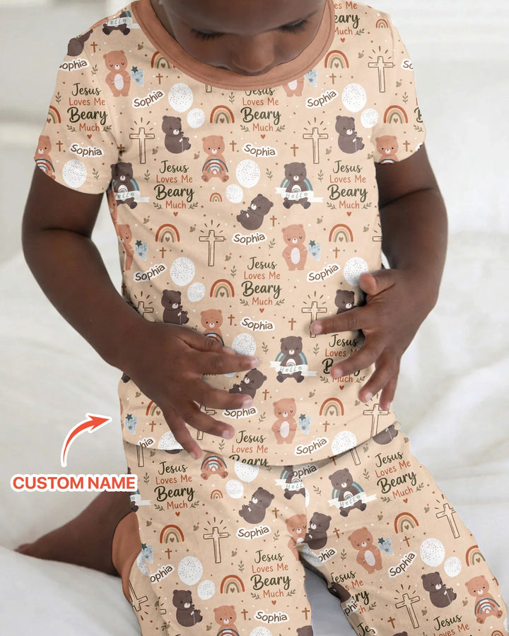Custom Name Jesus Loves Me Beary Much Bamboo Two Piece Short Sleeve Pajama Set