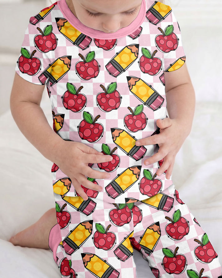 Checkered Apple Scribbles Bamboo Two Piece Short Sleeve Pajama Set