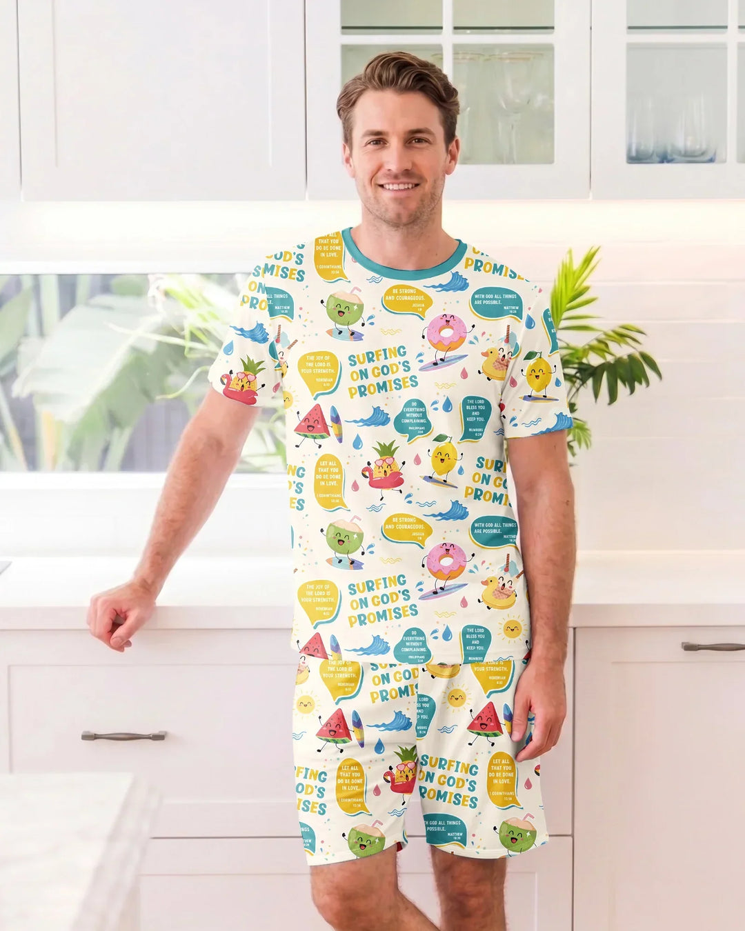 Summer Fruits Surfing On God's Promises Bamboo Men Short Sleeve Short Pajama Set
