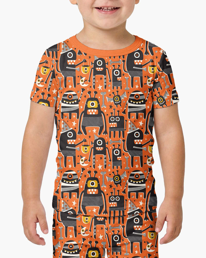 Mid Century Halloween Monster Toss Bamboo Two Piece Short Sleeve Pajama Set