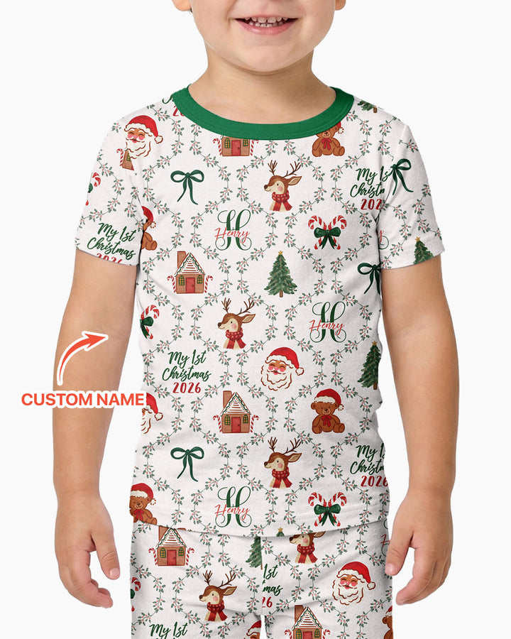 Custom name "Fancy Monogram Green Christmas 2026" Bamboo Two Piece Short Sleeve Pajama Set