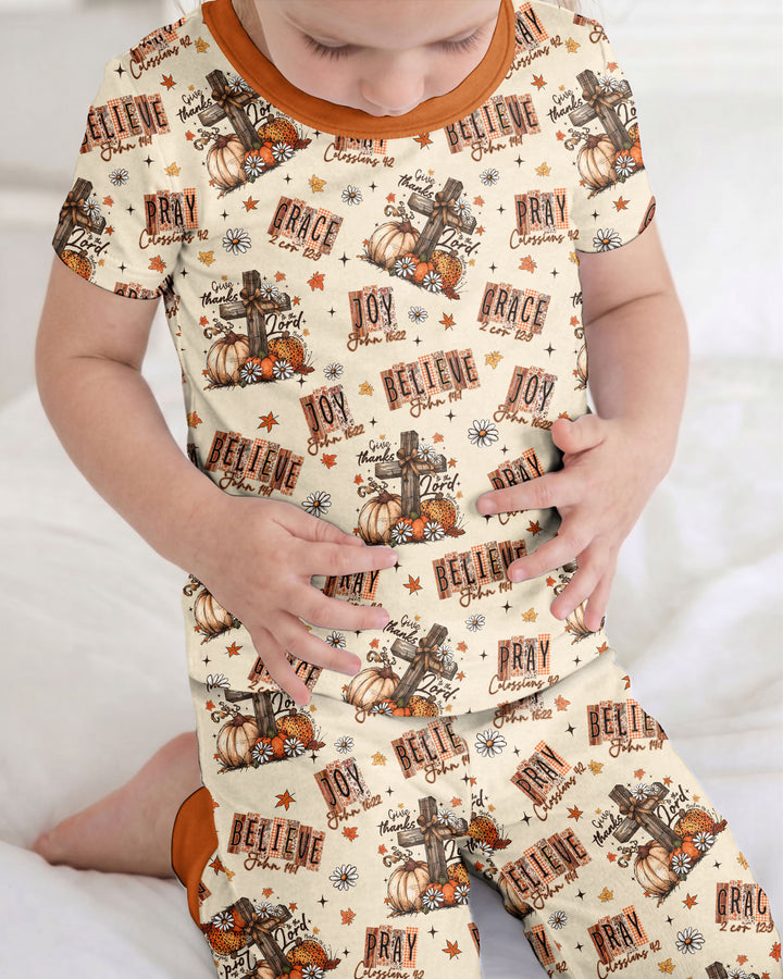 Floral Fall Give Thanks To The Lord Bamboo Two Piece Short Sleeve Pajama Set