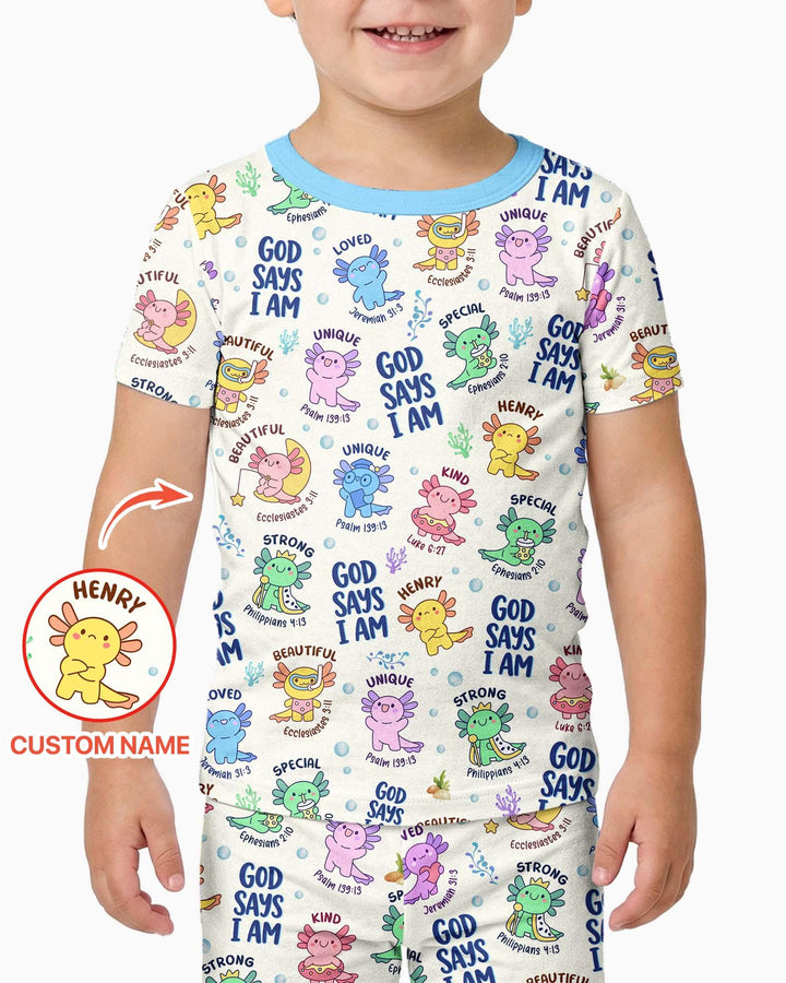 Axolotl God Says I Am Custom Name Bamboo Two Piece Short Sleeve Pajama Set